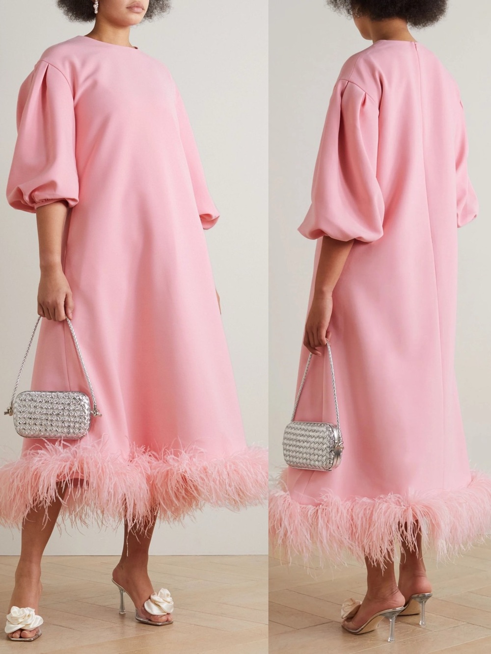 NWT Huishan Zhang Poppy Crepe Pink Ostrich Feather Midi US 4